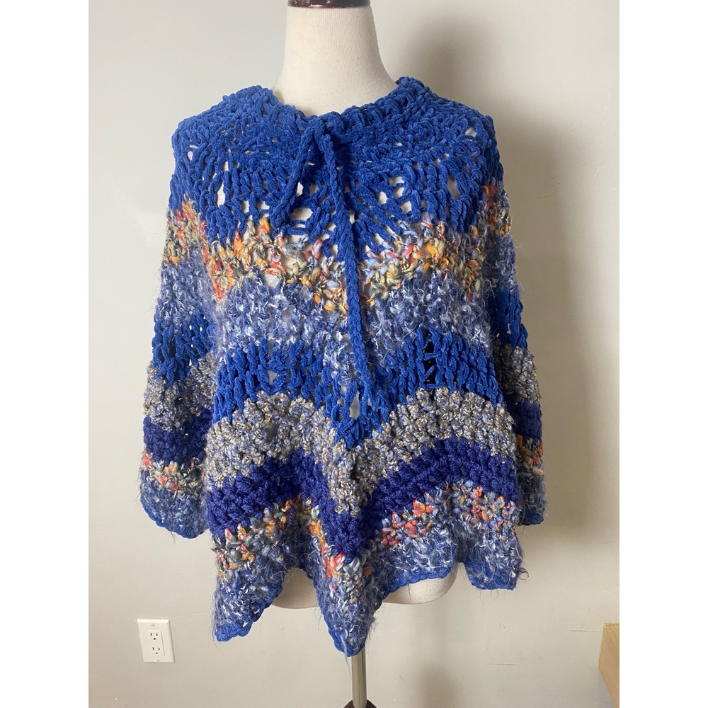 Vintage Handmade Crochet Poncho Blue Chenille Chevron Soft Knit Wrap Shawl